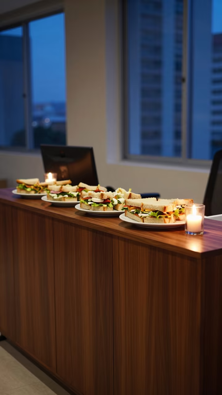 Catered Sandwiches on Office Sideboard in São Paulo Twilight in at an office reception desk near São Paulo
