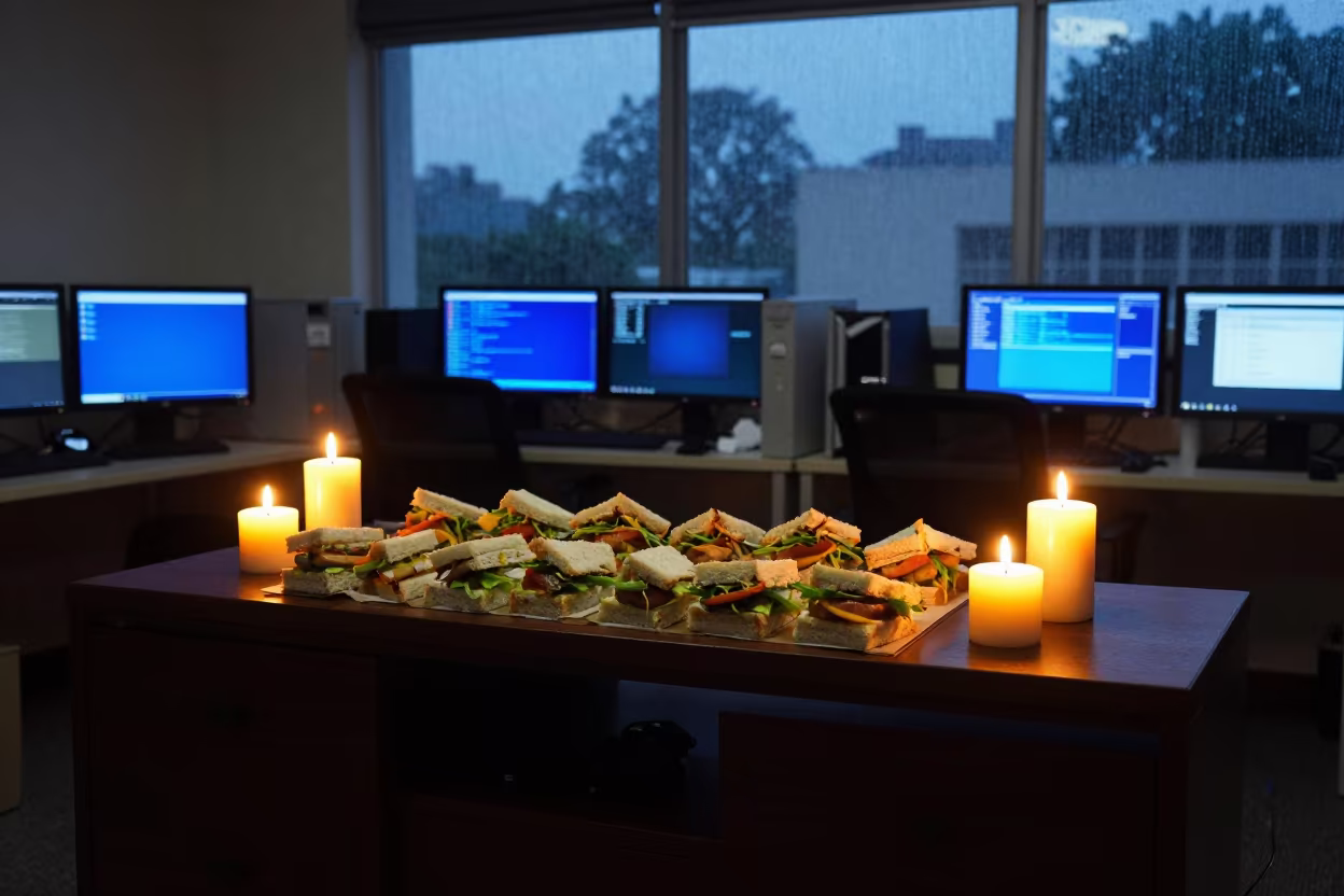 Catered Sandwiches on Sideboard Before Review in in an operations center under monitor glow near Lagos
