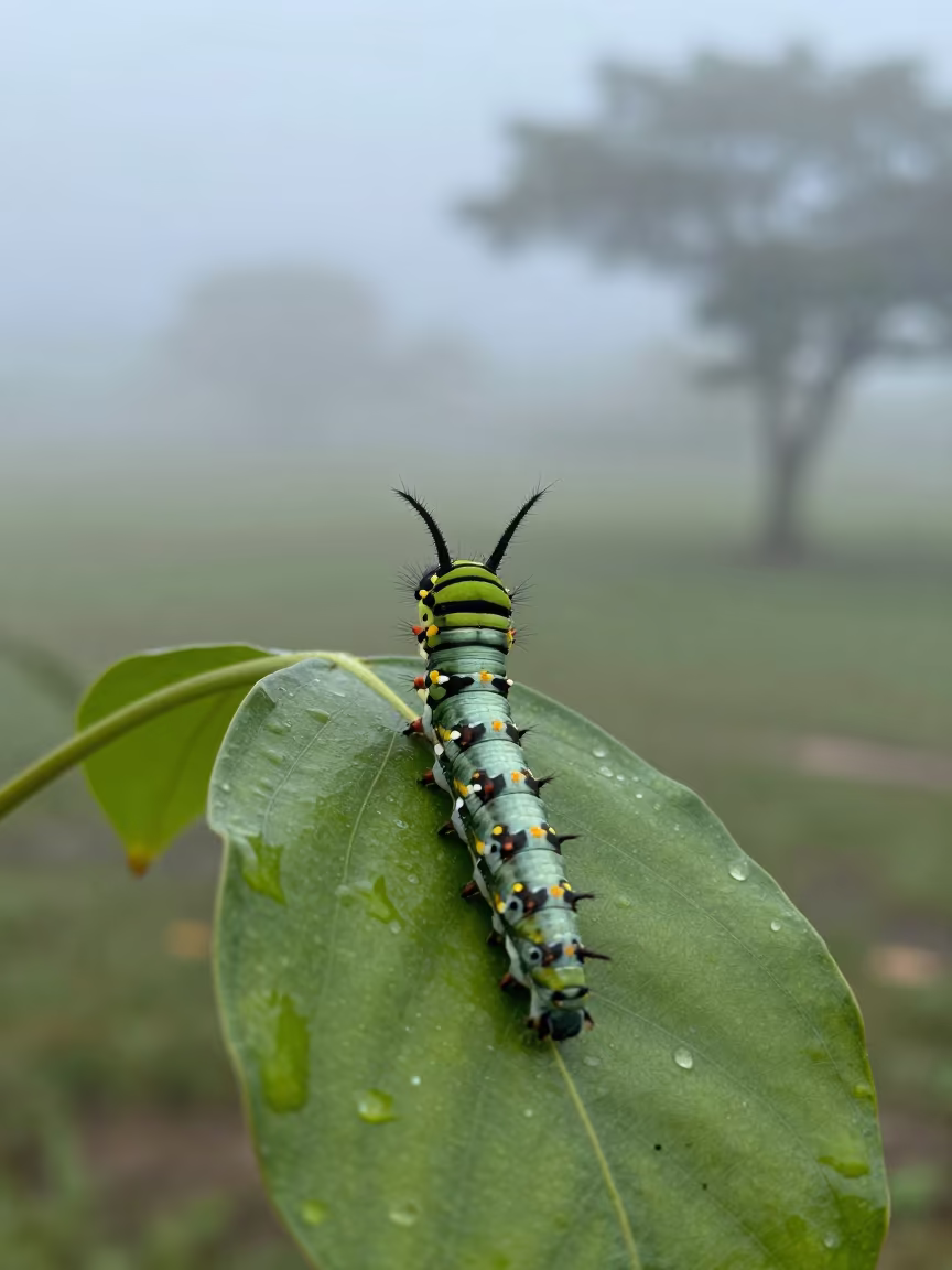 Caterpillar on Leaf in Misty Dawn Light in near Maceio