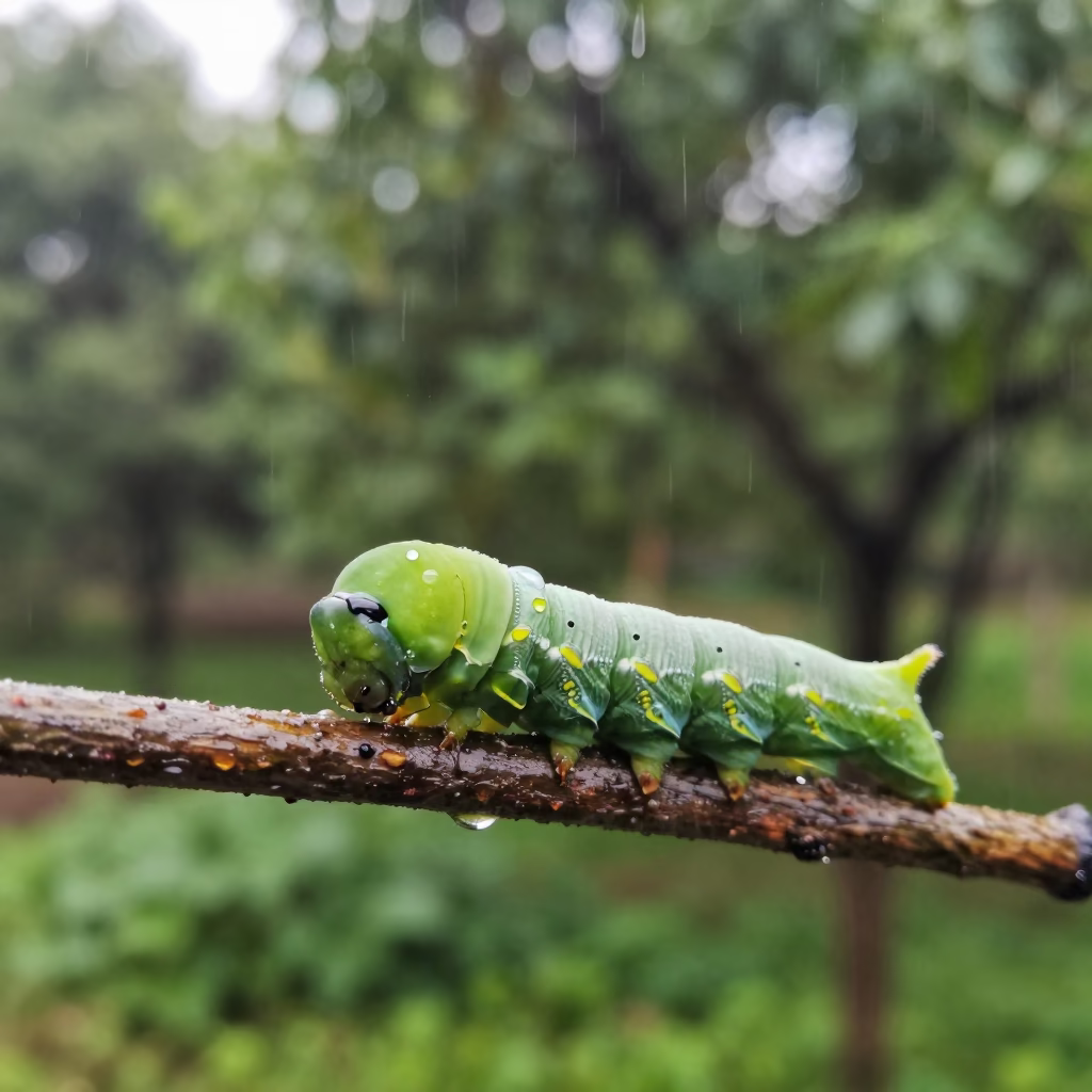 Caterpillar Prolegs on Wet Twig After Rain in in Jiangsu