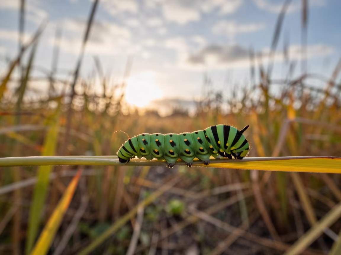 Caterpillar on Reed Leaf Morning Light in at the edge of a reed bed near Munich