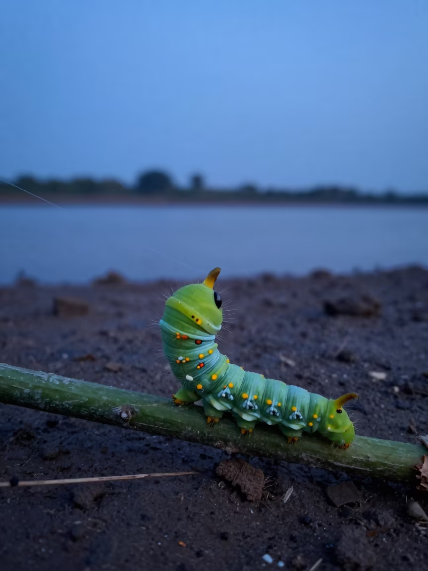 Caterpillar Silk Gland Thread Blue Hour Niamey in beside a tidal inlet near Niamey
