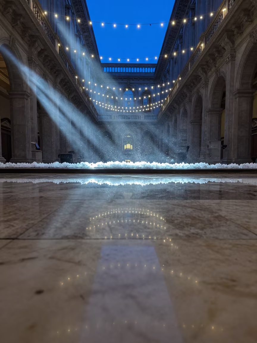 Cathedral Ceiling Reflection on Marble Floor in on salt crystals along a pan rim near Kokand