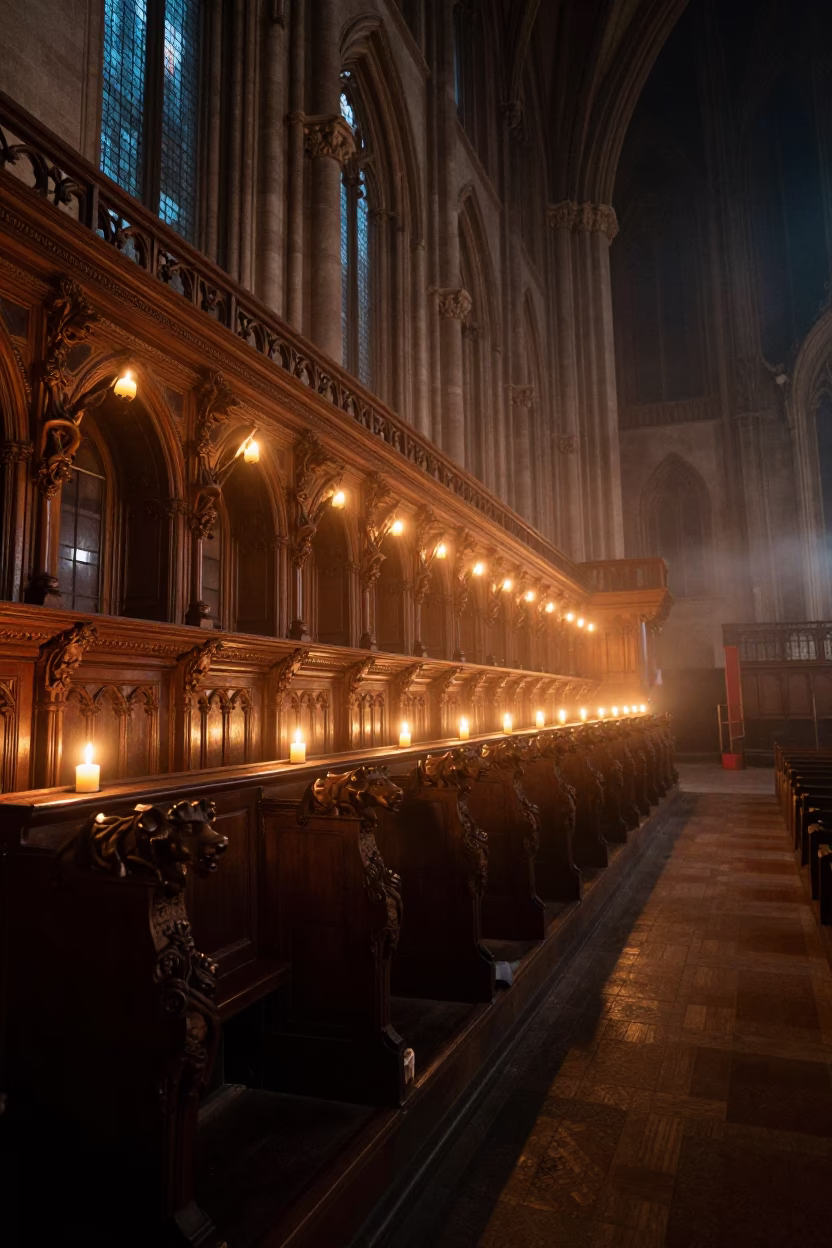 Cathedral Choir Stalls with Mythical Beasts in Dhaka in in a concert hall in Dhaka