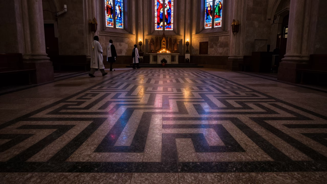 Cathedral Floor Labyrinth Lit by Stained Glass in in a chapel lit by stained glass in Lubumbashi