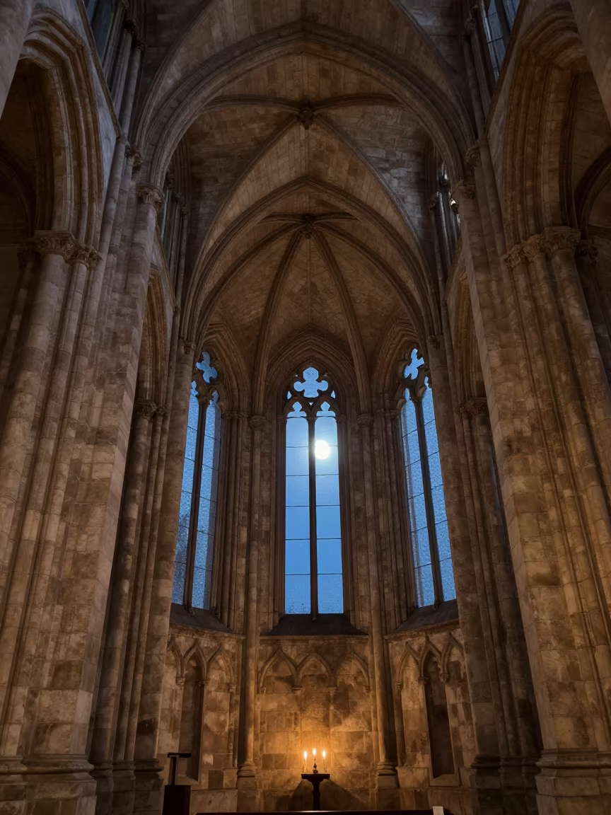 Cathedral Flying Buttress in Midnight Candlelight in inside a candlelit nave in Vaughan
