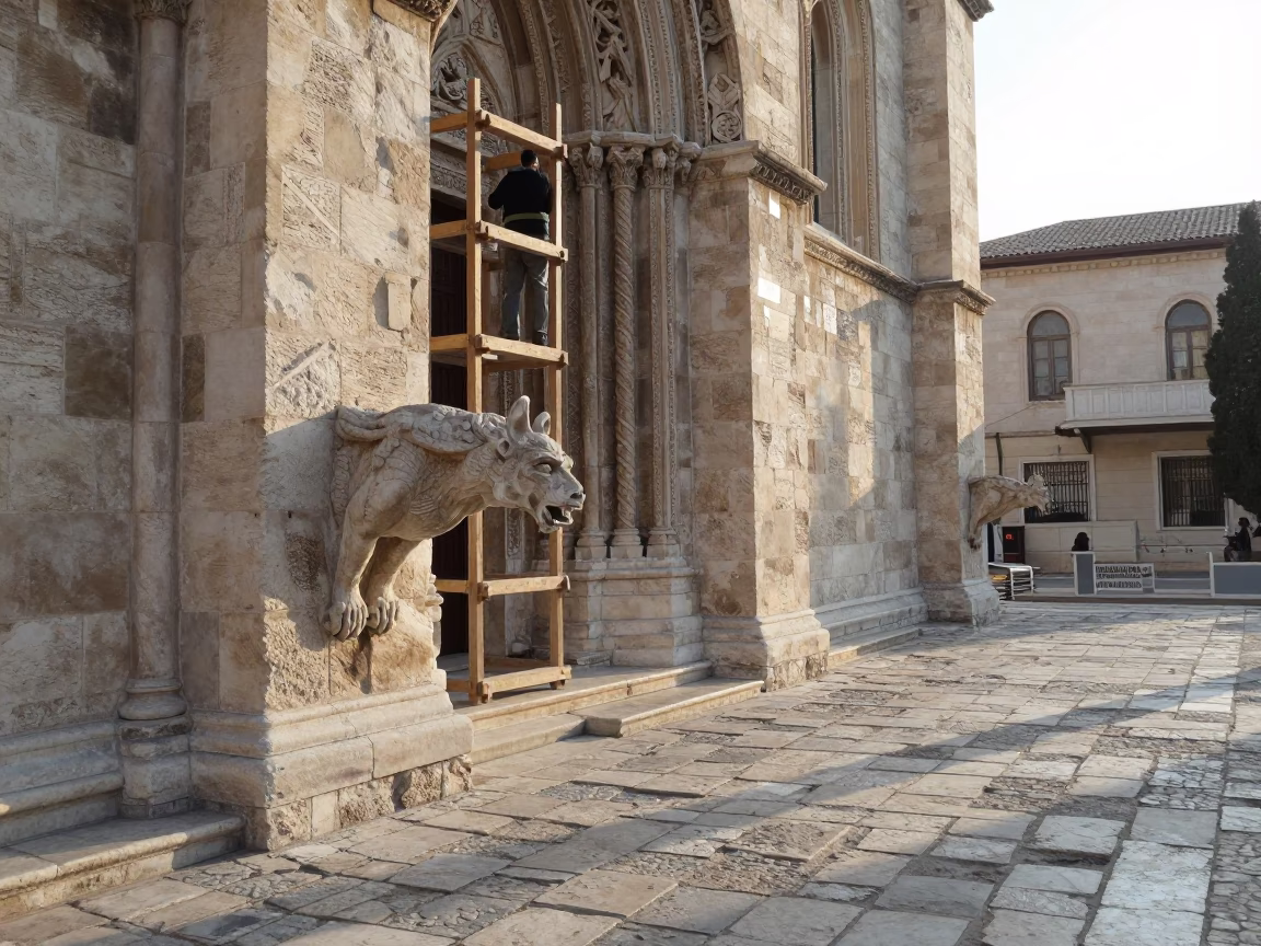 Cathedral Gargoyle in Athens at As First Light Reaches The Scene in in Athens, Greece