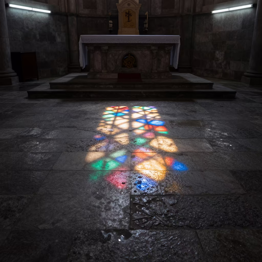 Cathedral Glass Patterns on Stone Altar Floor in at the foot of a stone altar in Bingöl