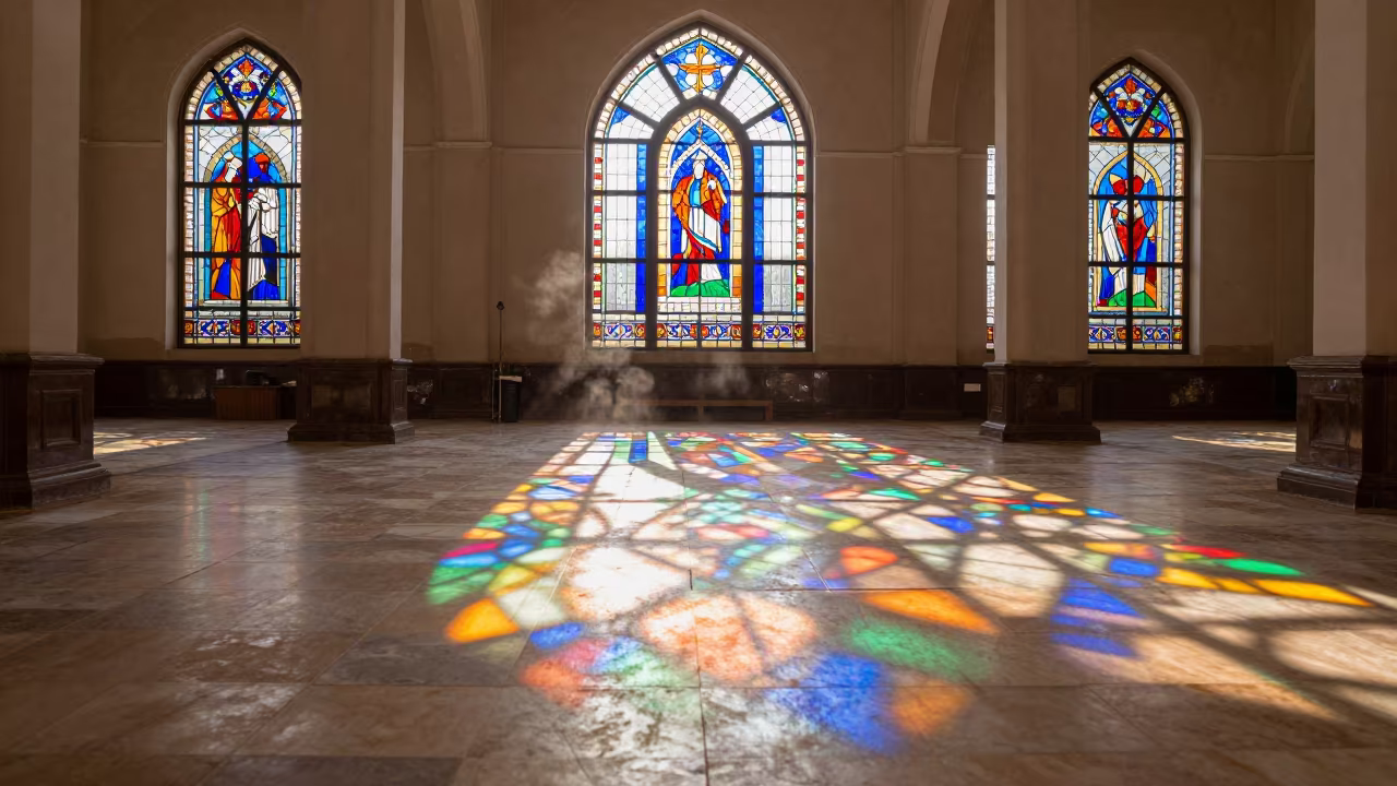 Kaleidoscope of Cathedral Glass on Stone in Kigali Mosque in in a mosque prayer hall in Kigali