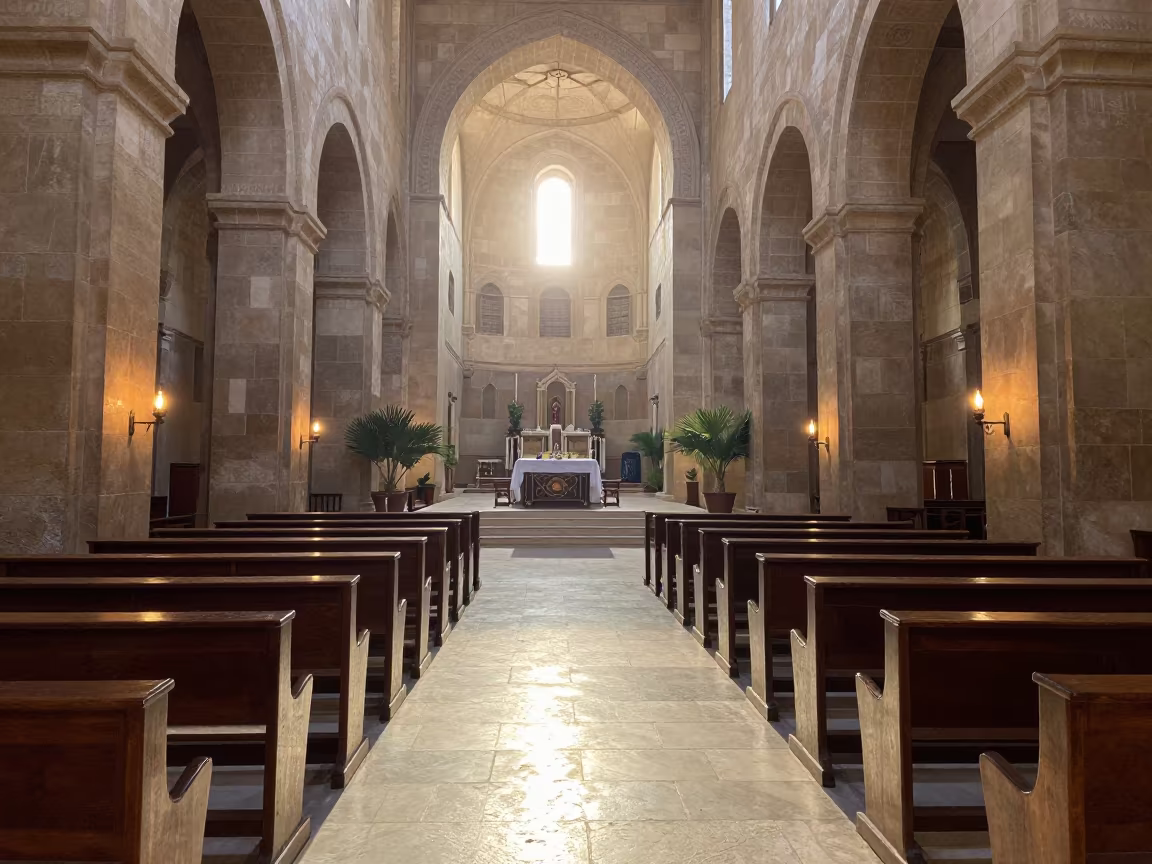 Cathedral Nave in Dawn Light Before Sunrise in inside a candlelit nave in Aswan