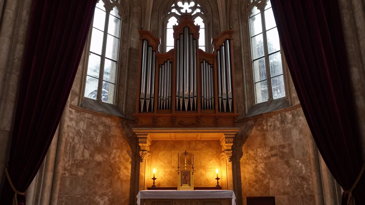 Cathedral Organ Loft Evening Light in at the foot of a stone altar in Los Guayos