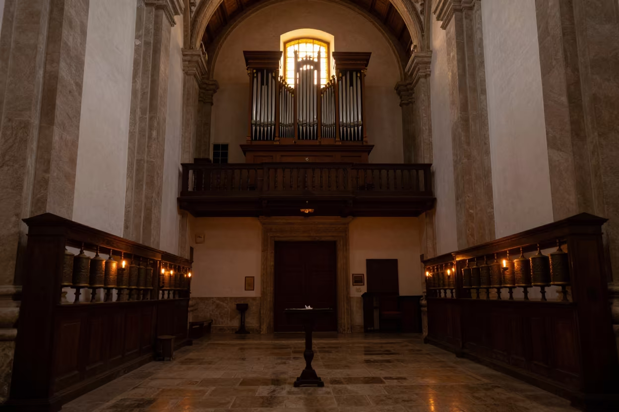 Cathedral Organ Loft Silhouetted in Totonicapán Candlelight in beside a prayer wheel corridor in Totonicapán