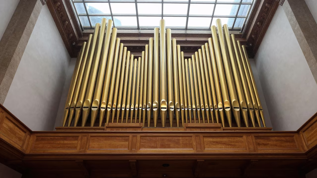Cathedral Organ Pipes Rise Above Ponce Theater Stage in on a theater stage in Ponce