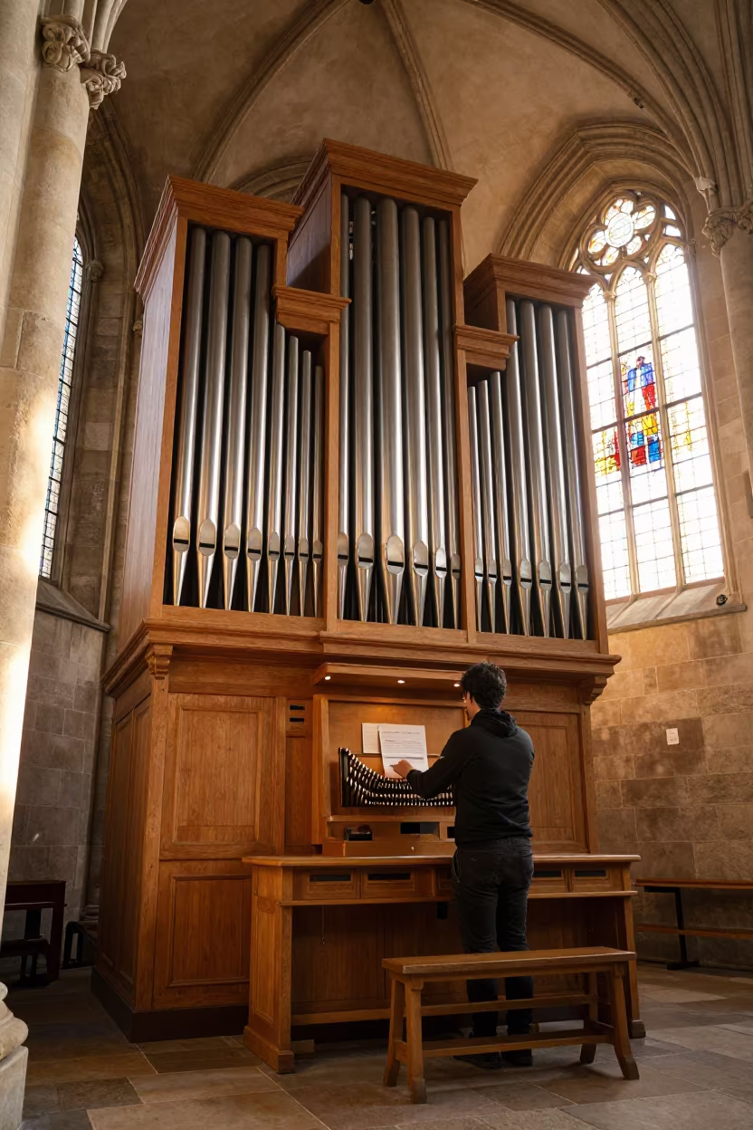 Cathedral Organist Pulling Stops at Sunset in inside a candlelit nave in Katowice