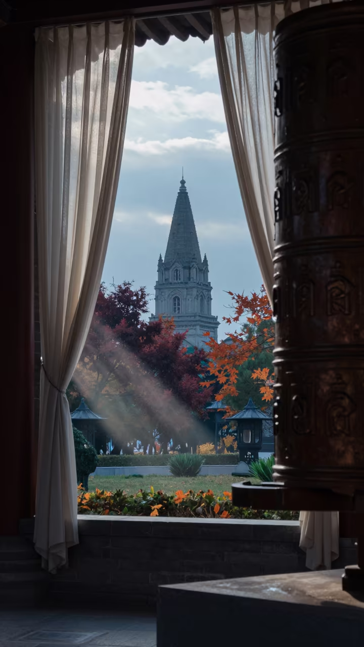Cathedral Spire Through Autumn Garden Curtains in beside a prayer wheel corridor in Taiyuan
