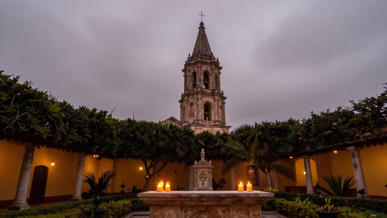 Cathedral Spire Through Low Clouds in Santiago Garden in at the foot of a stone altar in Santiago de Cuba