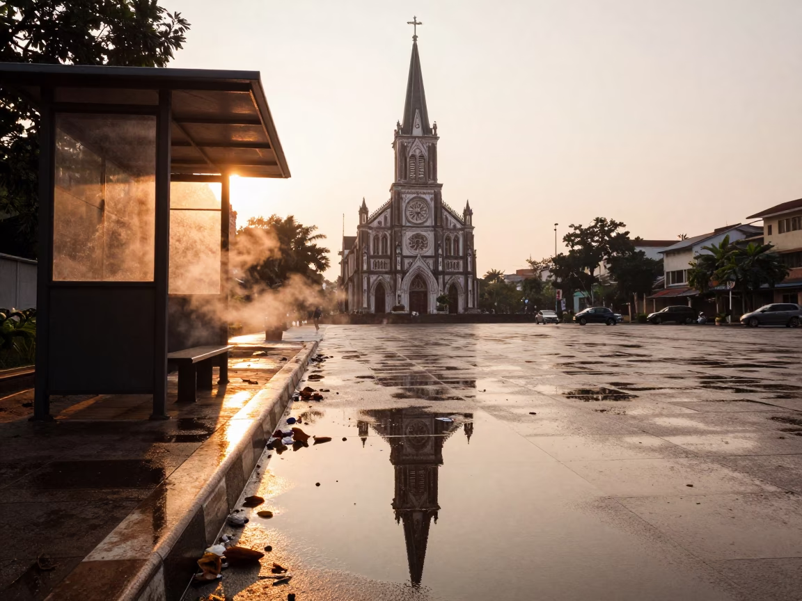 Cathedral Spire Puddle Reflection Haiphong in beside a steamed-up bus shelter in Haiphong