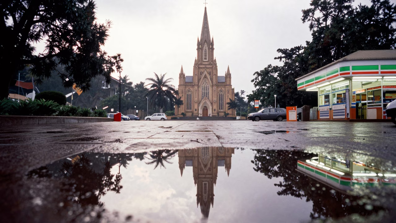 Cathedral Spire Reflected in Rainy Nairobi Plaza in outside a fluorescent convenience store in Bomas, Nairobi