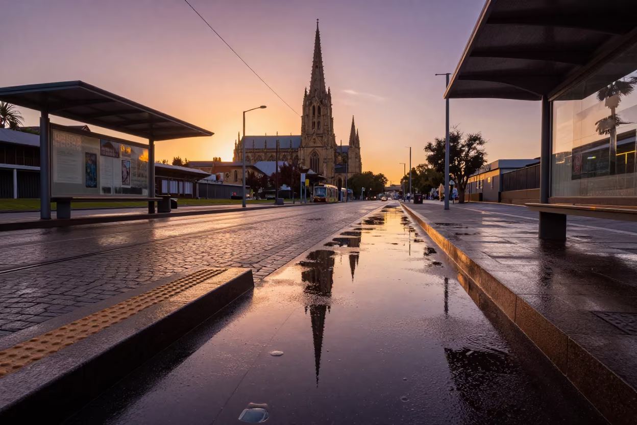 Cathedral Spire Reflection in Rainy Adelaide Plaza in at a tram stop in Adelaide