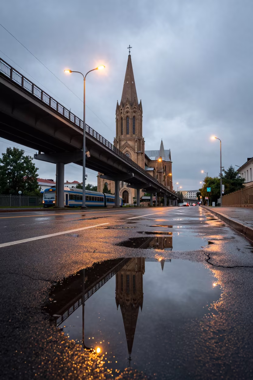 Cathedral Spire Reflection Under Rustavi Train Line in under an elevated train line in Rustavi