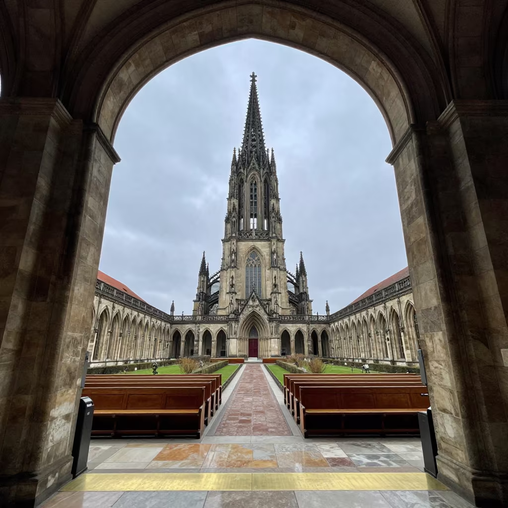 Cathedral Spire Through Winter Garden Berlin in inside a candlelit nave in Berlin