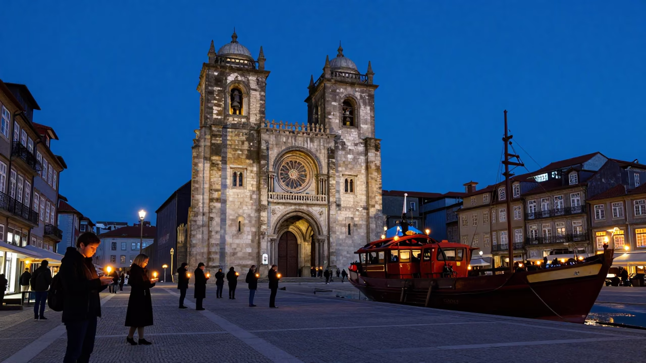 Cathedral Square Twilight in Porto Portugal with Candlelight and Cargo Ship Horizon in in Porto, Portugal