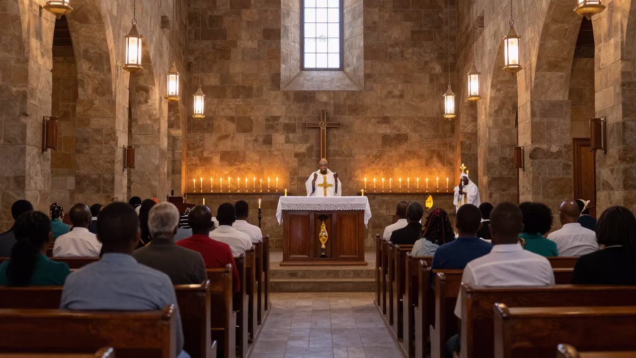 Catholic Easter Vigil Candlelight Harare Shrine in in a shrine lined with lanterns near Harare