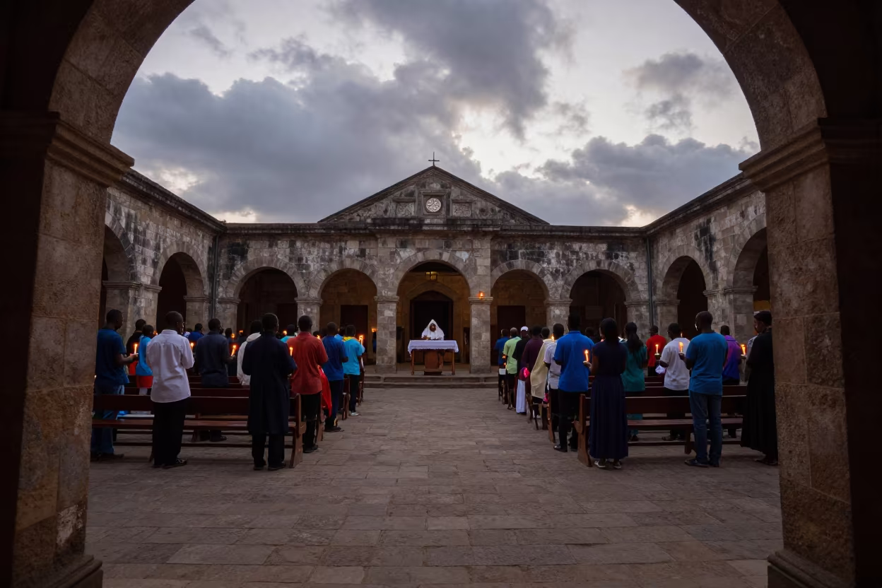 Catholic Easter Vigil Mass in Mbanza Kongo Courtyard in in a temple courtyard in M'banza-Kongo