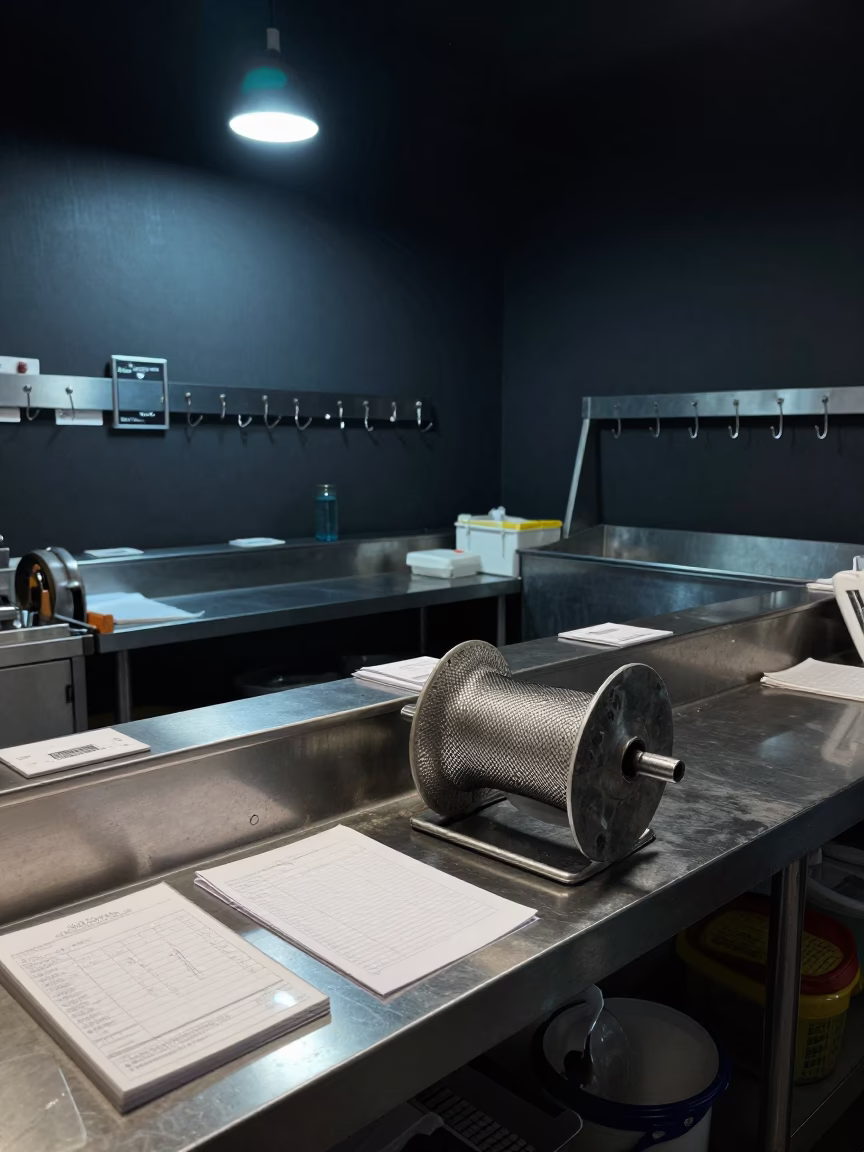 Catios Mesh Spool on Prep Counter Night in inside a fish bagging counter zone in Brahmanbaria