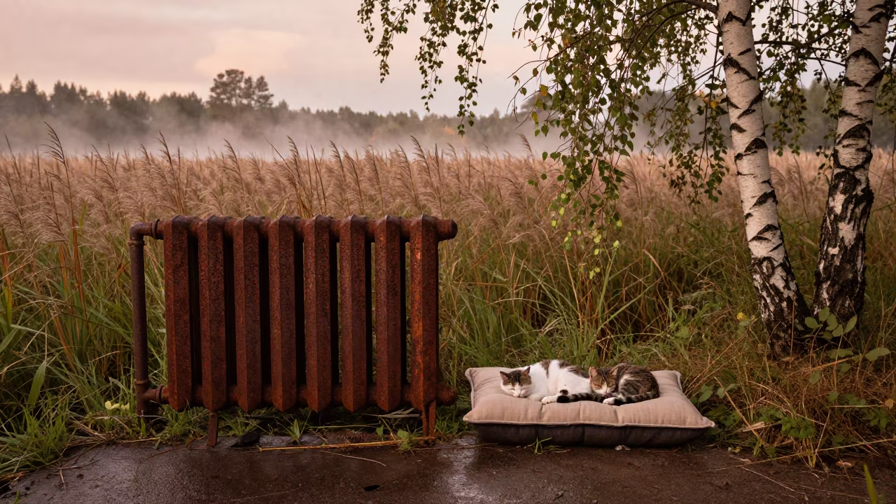 Cats on Cushion by Radiator Amidst Estonian Reeds in at the edge of a reed bed in Estonia