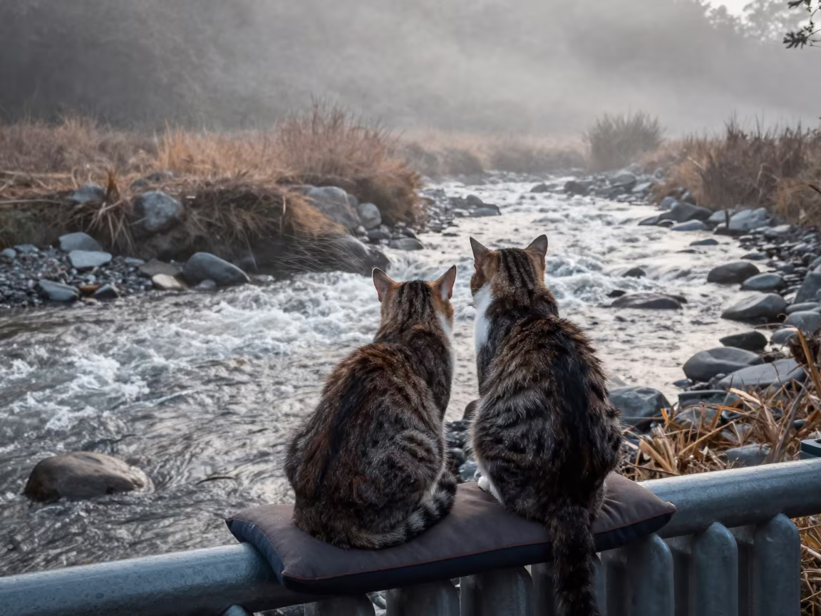 Cats on Cushion by Radiator Near Stream in above a glacial stream near Kuala Terengganu