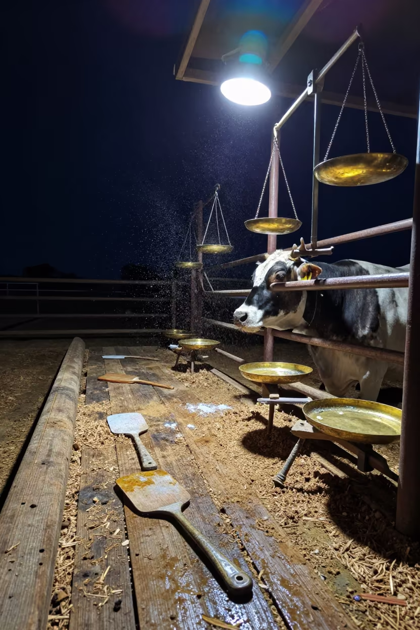 Cattle Auction Ring Brass Scales Nazca Morning in inside a jeweler's stall with brass scales and trays in Nazca