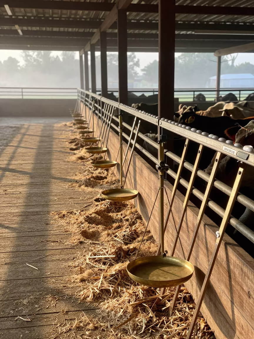 Cattle Auction Ring with Brass Scales at Dawn in inside a jeweler's stall with brass scales and trays in Şanlıurfa