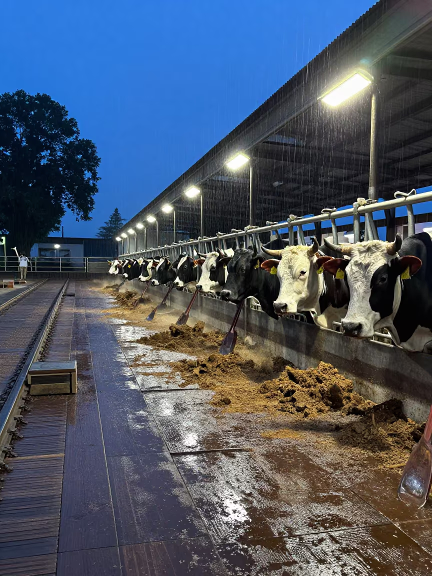 Cattle Auction Ring at Dusk with Rain in inside a jeweler's stall with brass scales and trays near Alleppey