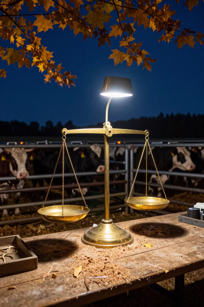 Cattle Auction Ring Night with Brass Scales in inside a jeweler's stall with brass scales and trays in Zielona Góra
