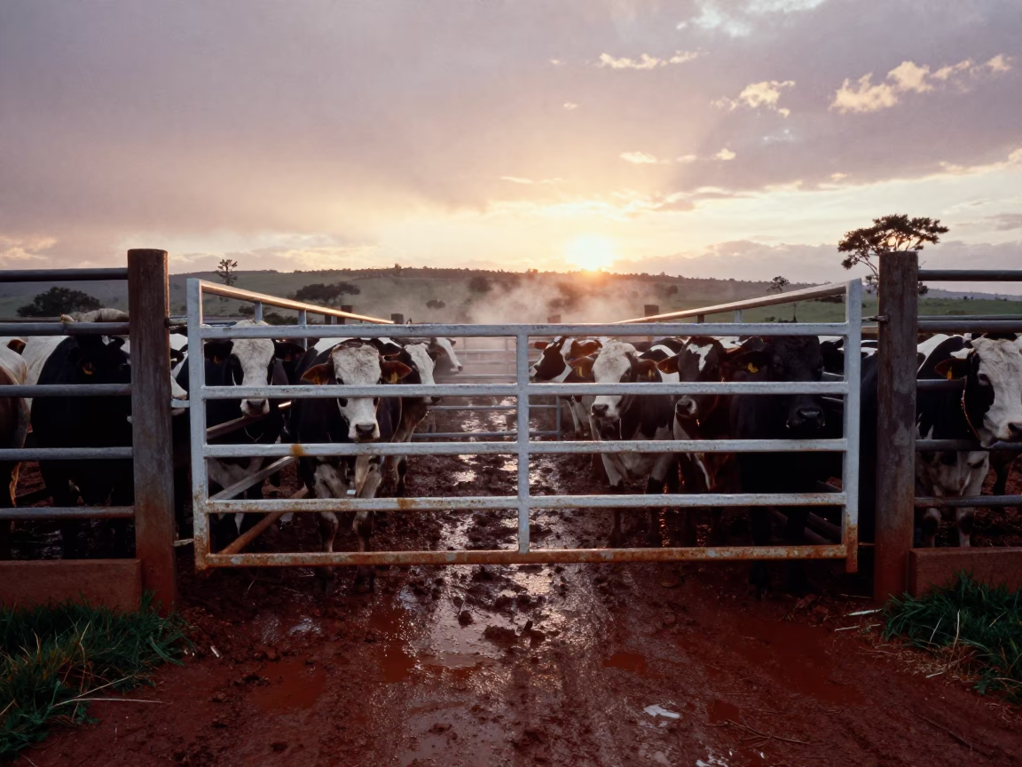 Cattle Crowding Andean Feedlot Gate at Sunset in along a feedlot lane in the Andes