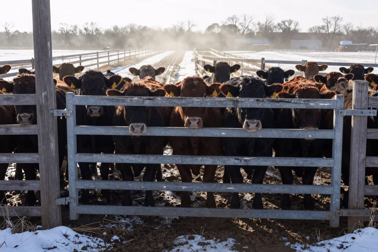 Cattle Crowding Behind Sun-Bleached Corral Gate in along a feedlot lane in Illinois