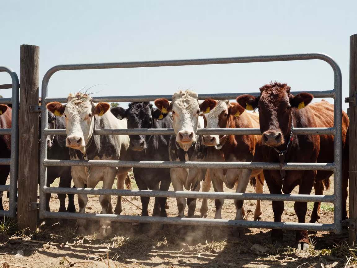 Cattle Crowding Behind Sun Bleached Ranch Gate in inside a ranch corral in Georgia