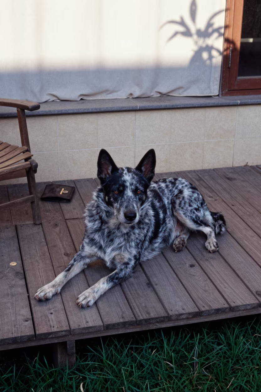 Cattle Dog on Shaded Chongqing Porch in in a small yard with clipped grass, calm light, and the animal centered in frame near Chongqing