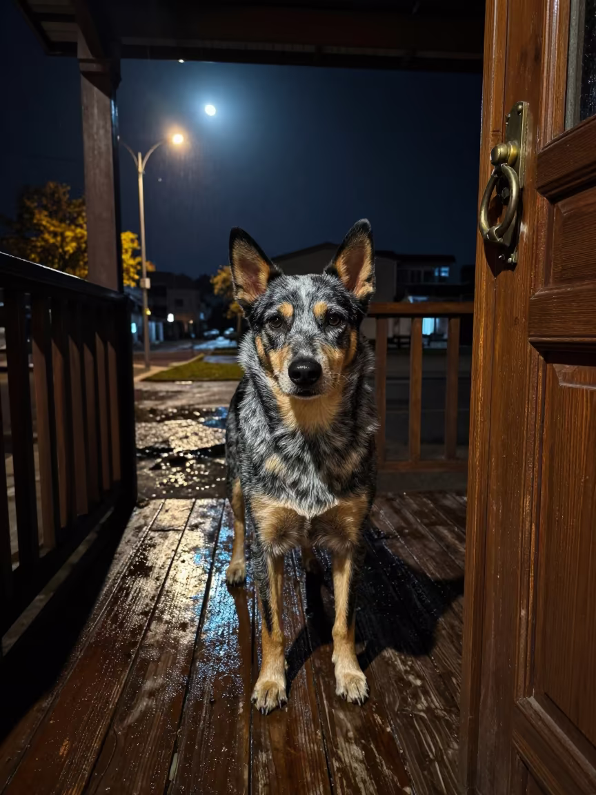 Cattle Dog on Shaded Porch in Moonlight in on a shaded front porch with boards, railings, and eye-level framing near Mersin