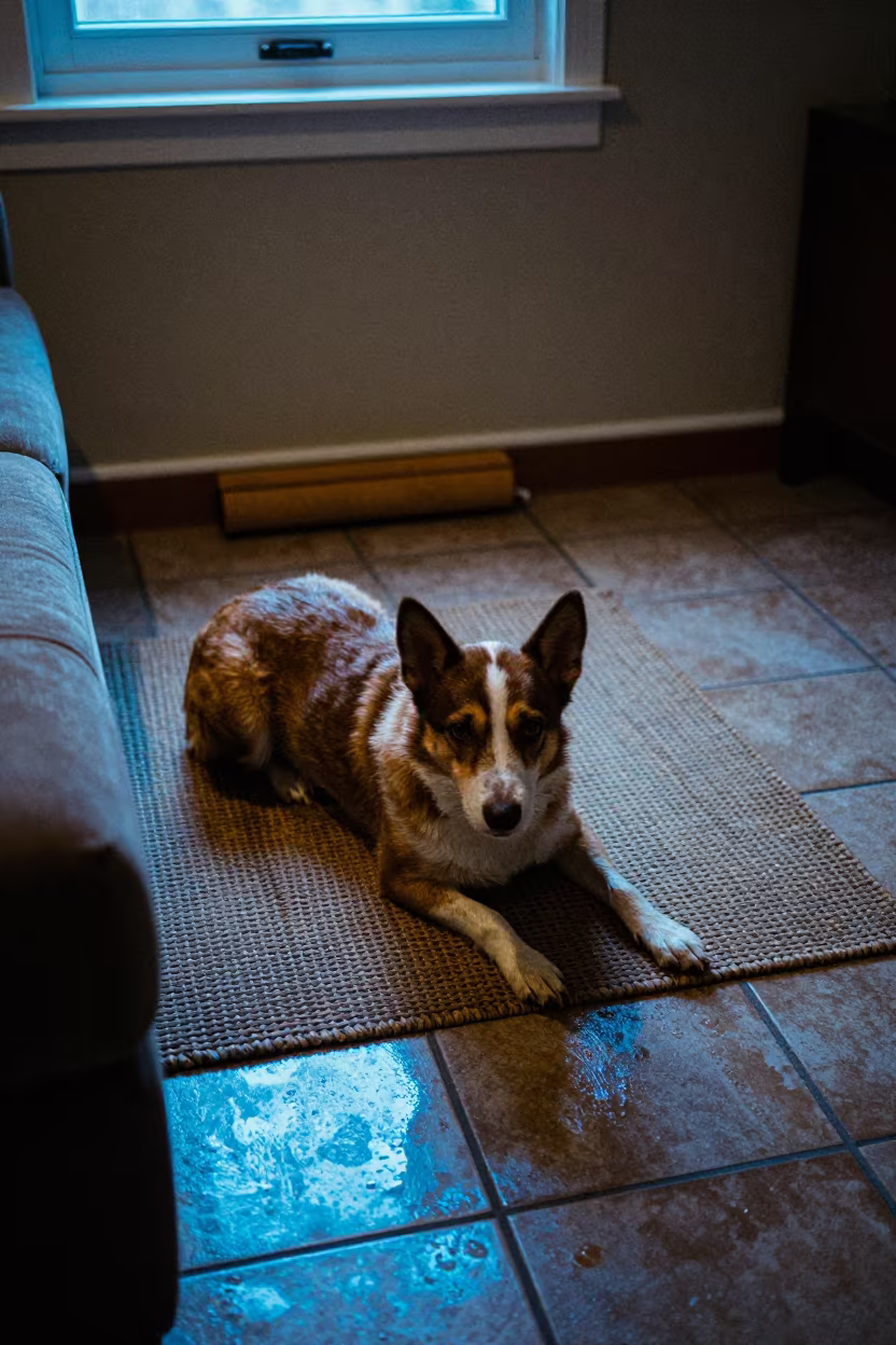 Cattle Dog Resting on Rug in Bonn Night in on a woven rug beside a low couch and an uncluttered wall in Bonn