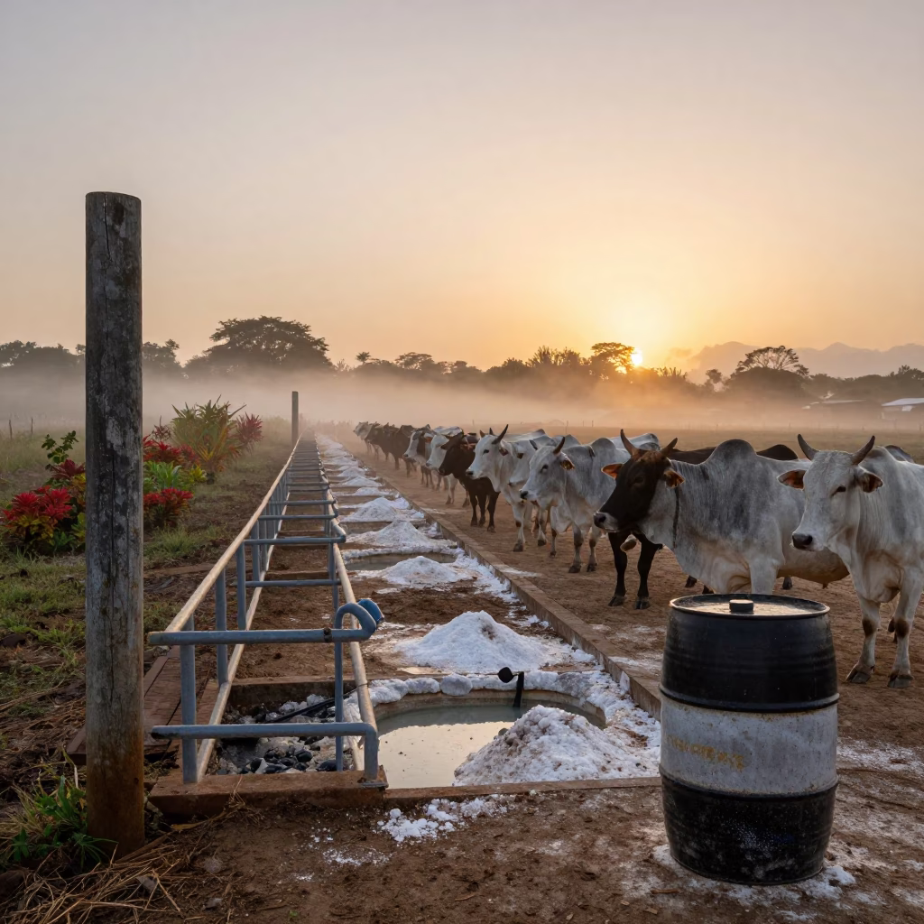 Cattle at Dominican Stockyard Ramp in Evening Mist in at a stockyard loading ramp in Dominican Republic