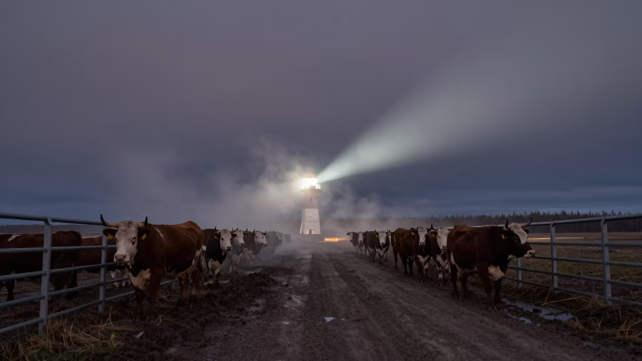Cattle in Feedlot Under Polar Night Light in along a muddy paddock fence in Northwest Territories
