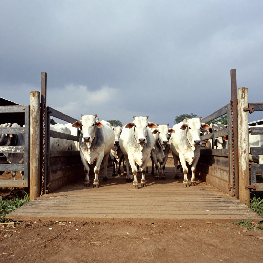 Cattle Herd Exiting Corral in Morning Light in at a stockyard loading ramp in Rio de Janeiro state