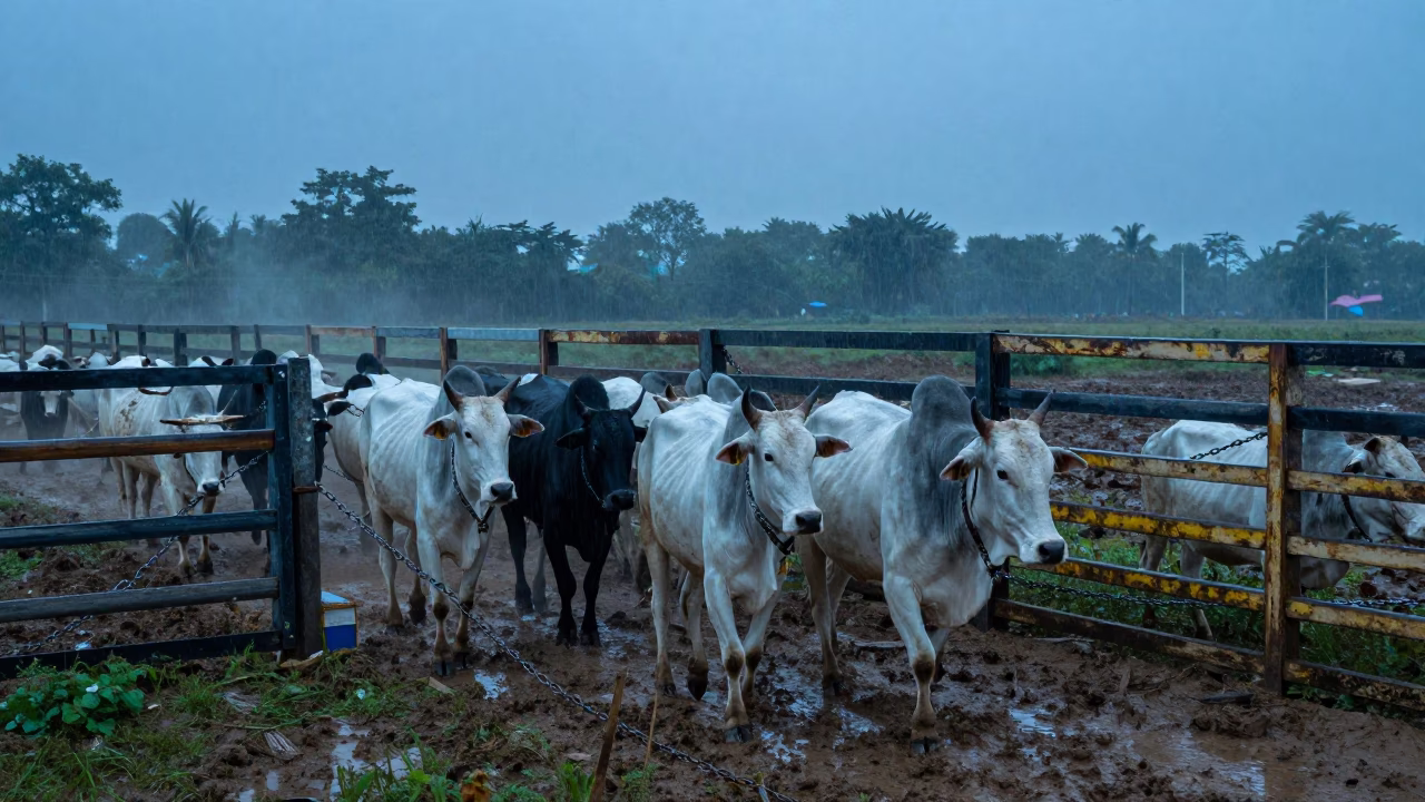 Cattle Herd Moving Through Rainy Twilight Corral in along a muddy paddock fence in Assam