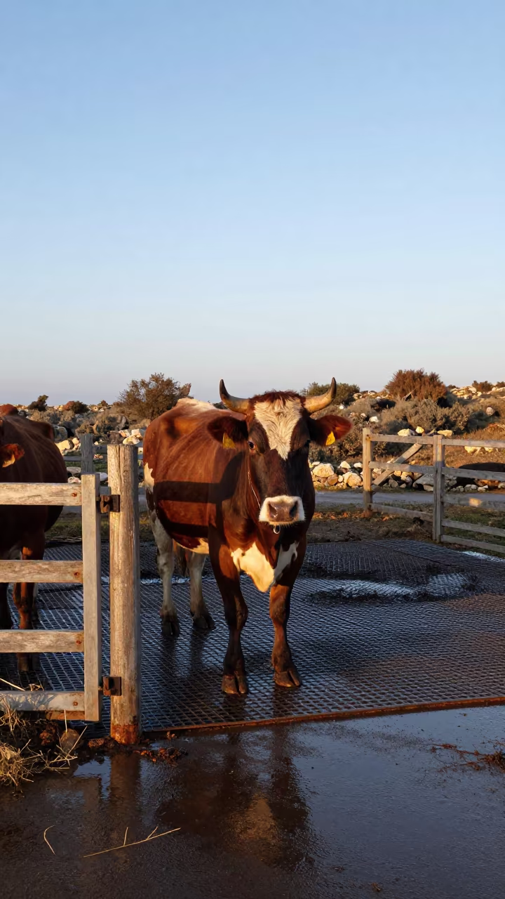 Cattle Hooves on Wet Steel Grating Dawn Light in beside a pasture gate in the Greek Islands