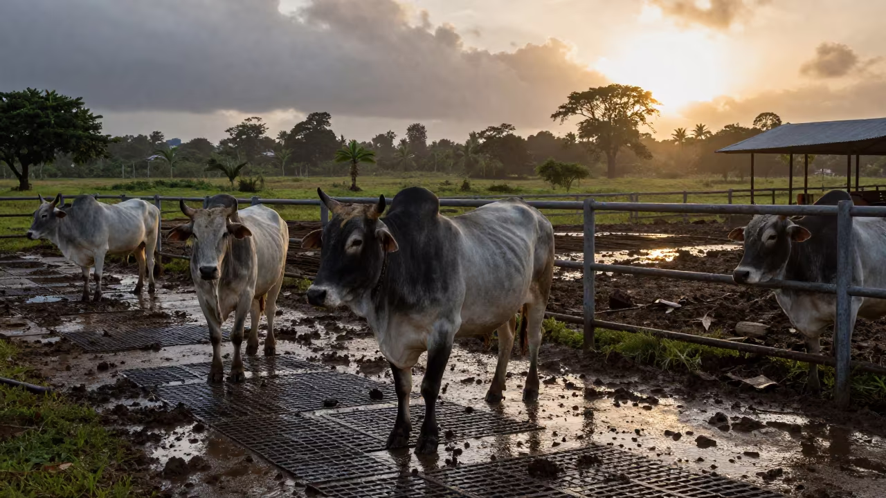 Cattle Hooves on Wet Steel Grating at Jamaican Dawn in along a muddy paddock fence in Jamaica