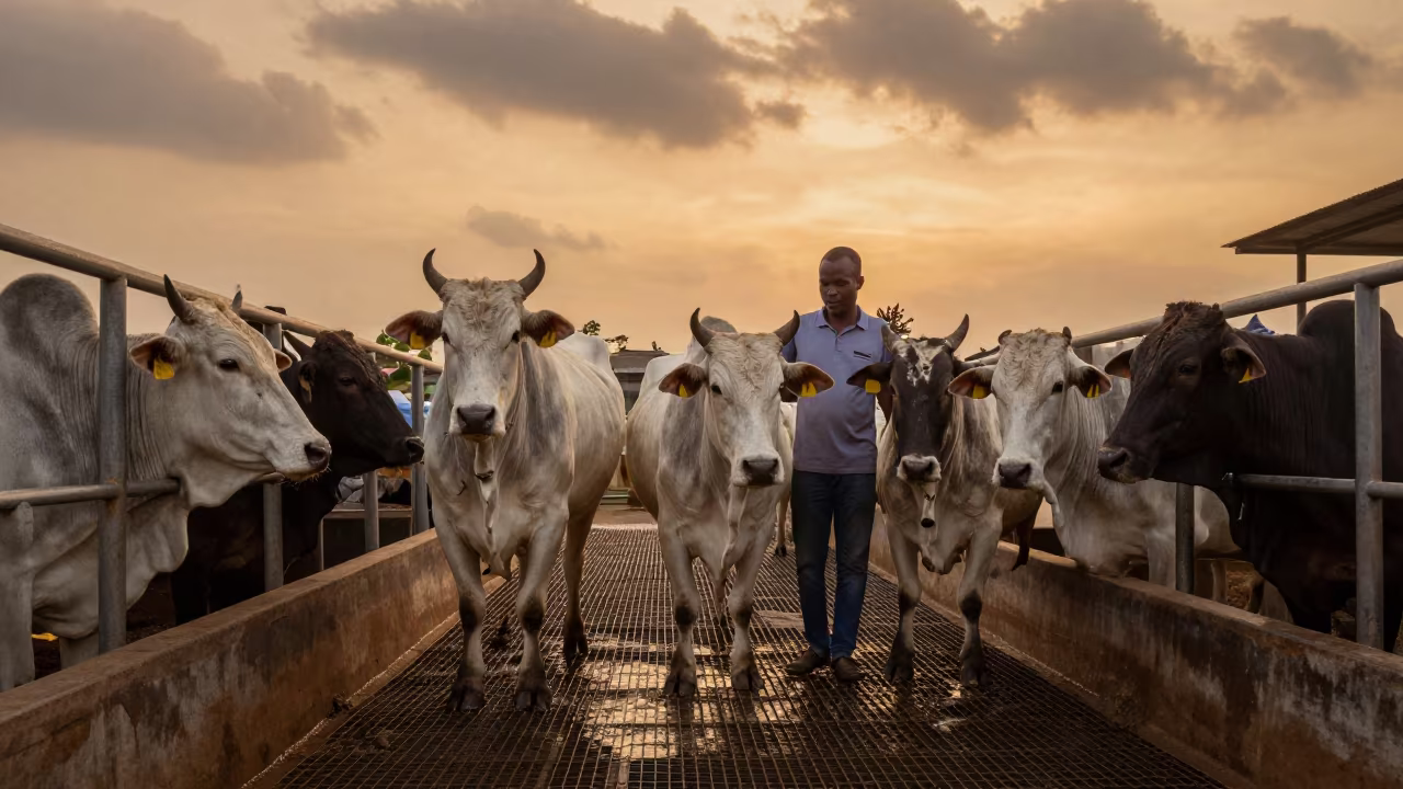 Cattle Hooves on Wet Steel Grating in at a stockyard loading ramp in Cameroon