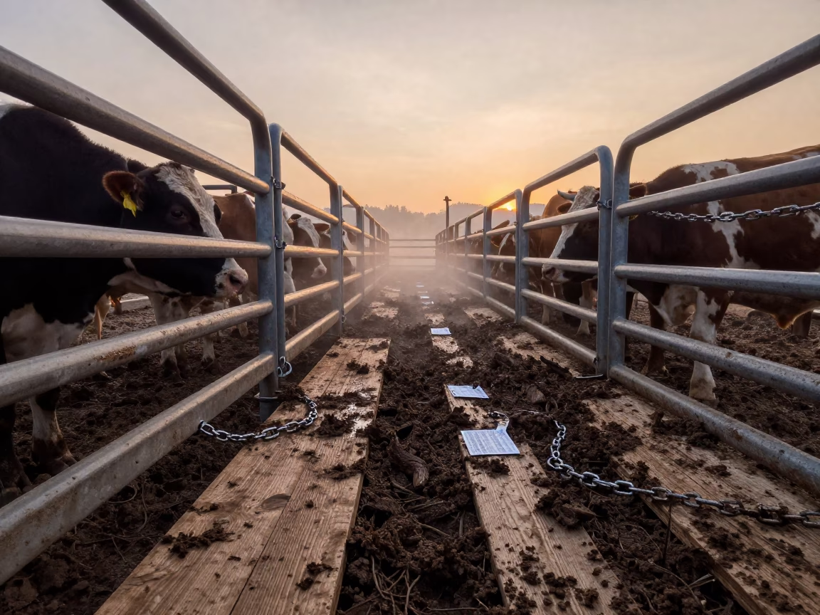 Cattle Pen with Mud and Chains in Slovak Evening Light in beside a pasture gate in Slovakia