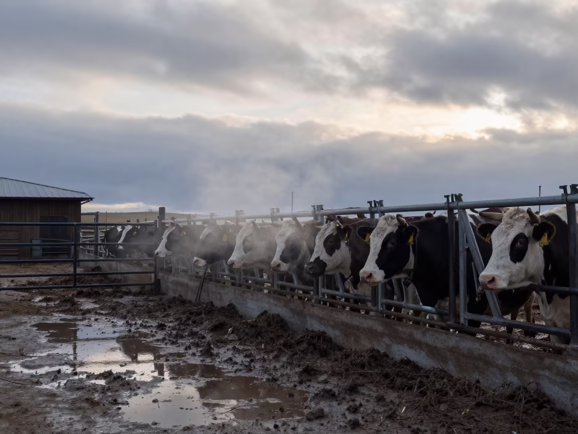 Cattle in Russian Feedlot Under Midnight Sun in inside a ranch corral in Russia